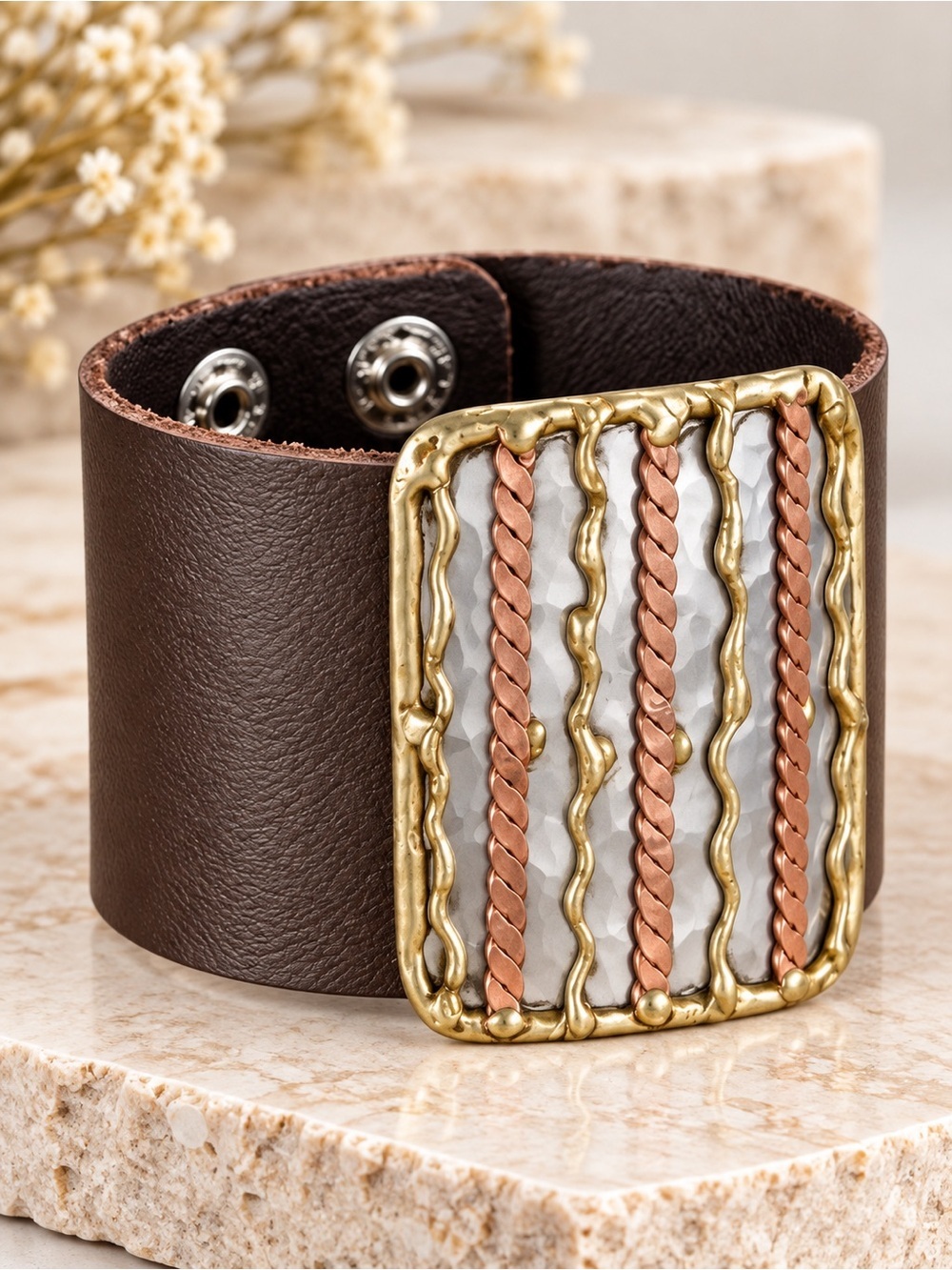 Handmade Genuine leather bracelet with Stripe mixed metals